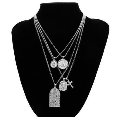 

2019 Fashion Gold&Silver Multilayer Cross Necklace Lady Virgin Mary Jesus Statement Chain Necklace Collier Pink Jewelry