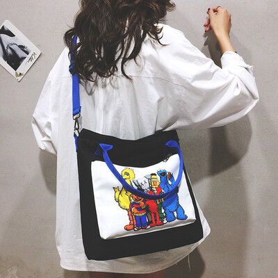 

Tote bag female 2019 new Japanese Harajuku large capacity wideband Messenger bag Sesame Street canvas shoulder bag