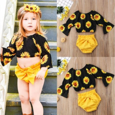 

Summer Toddler Baby Kids Girls Sunflower Tops Bowknot Shorts 2Pcs Outfits Sets