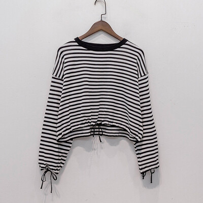 

Female Sweet Drawstring T-shirt 2019 Autumn Striped O Neck Long Sleeve Fashion Loose Lady Tshirt