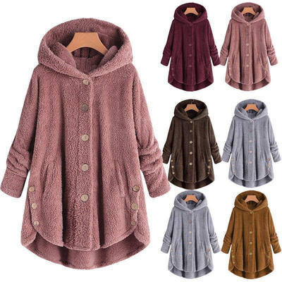 

Women New Warm Hood Coat Teddy Bear Fleece Top Button Jacket Oversize Outwear