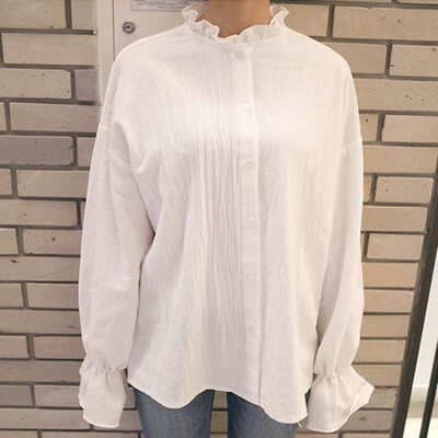 

Women Ruffles Collar lLong Sleeve Chiffon Blouse Korean Fashion Lantern Sleeve Office Lady Shirt blusas mujer de moda