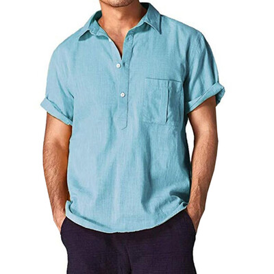 

Men Linen Short Sleeve Shirt Summer Cool Loose Casual V-Neck Shirts Tops