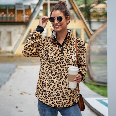 

Women Leopard Sweatshirt Fleeces Turtleneck Press Stud Warm Autumn Winter Pullovers Casual Tops Outwear