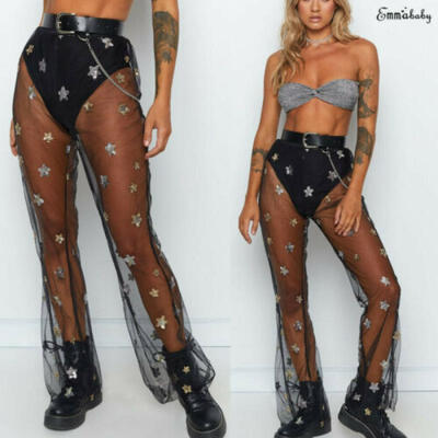 

Women High Waist See Through Flared Leg Mesh Summer Beach Long Pants Trousers
