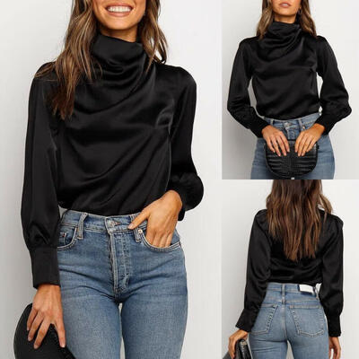 

Fashion Pure Color Women´s Casual Black Long Sleeve Tops High Neck Blouse Office Work Satin Silky T-Shirts