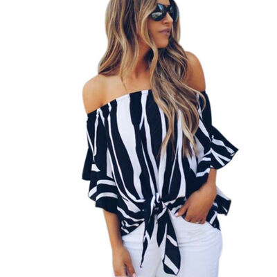 

Womens Bardot Off Shoulder Tops Ladies Summer Casual Loose T Shirt Blouse