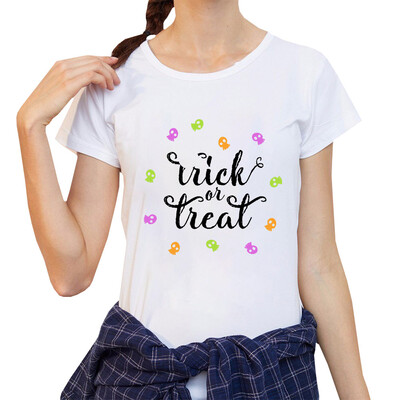 

2019 Women Halloween Trick Or Treat Letter And Ghost Printed T Shirts Casual Short Sleeve Solid Color Tee Shirts
