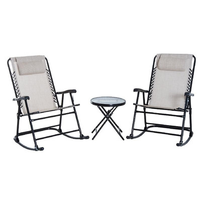 

3 Piece Folding Rocking Chair Patio Dining Table Set- Cream White