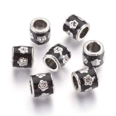 

Alloy European Beads Large Hole Beads with Enamel Column with Flower Silver Black 85x85mm Hole 5mm