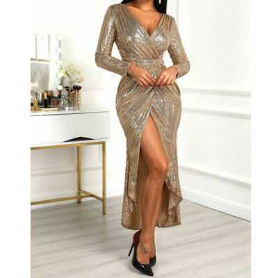 

Women Long Sleeve V Neck Sequin Dress Evening Ball Gown Split Wrap Dress