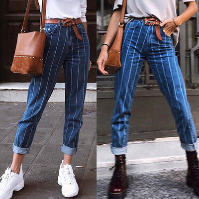 

〖Follure〗Fashion Womens Stripe Pocket Button Zipper Elastic Slim Fit Casual Jeans Pants