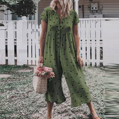 

Starmoon Women Casual Dot Printed Short Sleeve Button Opening Beach Loose Long Jumpsuit