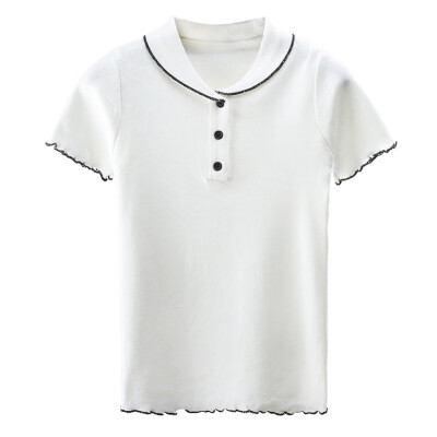 

Cute Crochet Peter Pan Collar Cute Female Teens T-shirt Short Sleeve Contrast Color Chic Womens Summer Cozy Tee Shirt