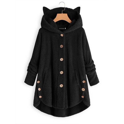

2019 Autumn Winter Button Hooded Cat Ear Plush Top Irregular Solid color Long sleeve Coat