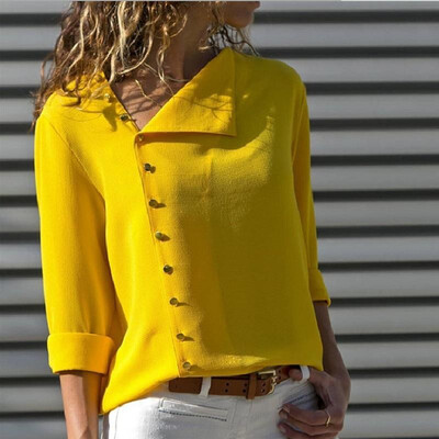 

Cross-border exclusive hot sale explosions fashion nine-color button irregular oblique collar long-sleeved blouse shirt Buy