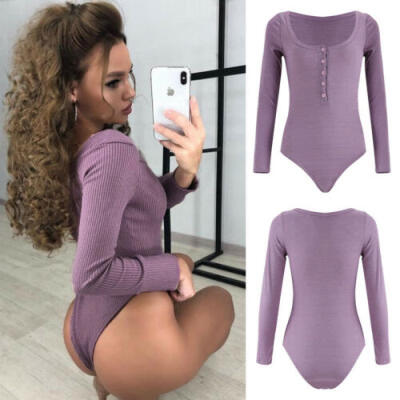 

Sexy Woman Slim Clubwear Romper Long Sleeve Leotard Bodysuit Button Top T-Shirts