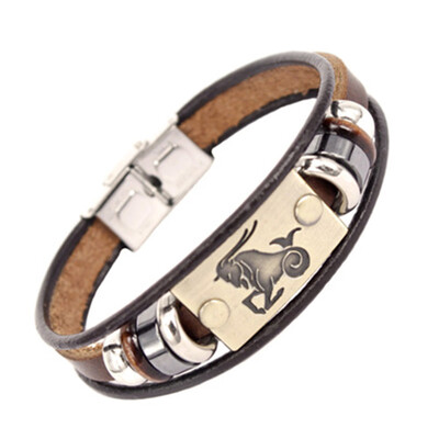 

Fashion 12 Constellation Signs Bracelet with Stainless Steel Clasp Leather Bracelet