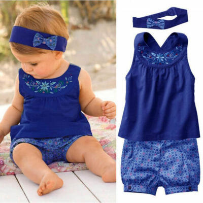 

US 3PCS Newborn Infant Baby Girls Top Romper Short Pants Headband Outfit Clothes