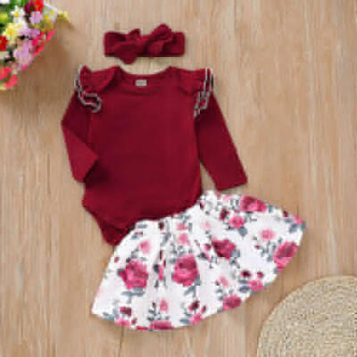 

3PCS Newborn Baby Girl Clothes Romper Jumpsuit Tutu Skirt Headband Outfit set