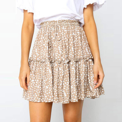 

Roseonmyhand Fashion Women Casual Polka Dot Print Ruffles A-Line Pleated Lace Up Short SKirt