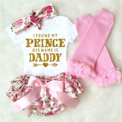 

4PCS Newborn Baby Girl Romper Floral Shorts DressLeg WarmerHeadband Outfit US