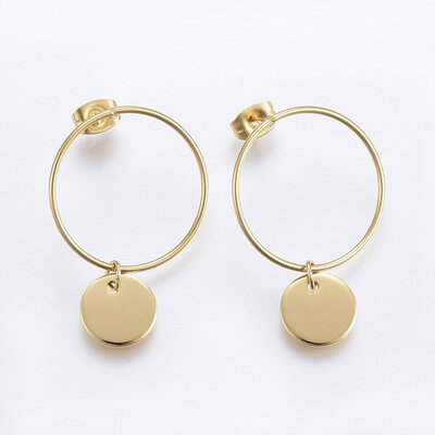 

304 Stainless Steel Stud Earrings Ring&Flat Round Golden 33x22x1mm Pin 08mm