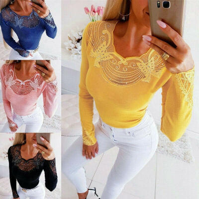 

Autumn Women Lace Sequins Blouse V Neck T-Shirt Casual Long Sleeve Slim Fit Tops