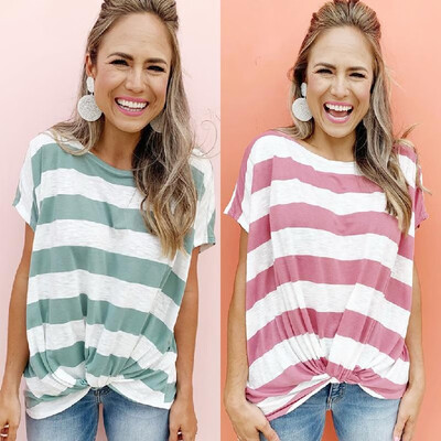

Cross-border Amazon ebay Europe&America womens striped loose bat short-sleeved round neck T-shirt hem kinks&folds Brick X