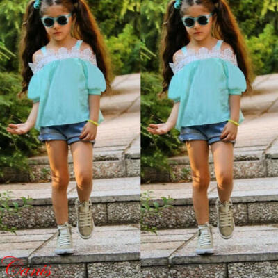 

Toddler Kids Baby Girls Outfits Short Sleeve T-shirtDenim Pants Clothes Sets
