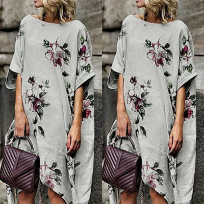 

Womens Short Sleeve Boho Cotton Linen Kaftan Maxi Dress Floral Long Dress Sundress