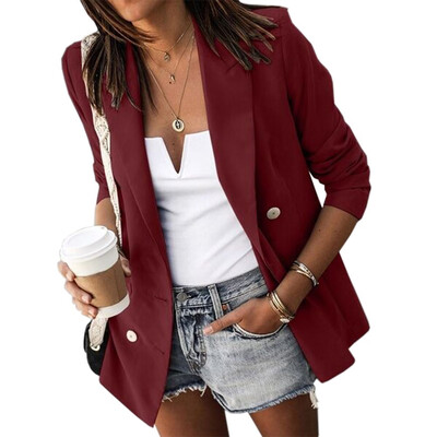 

2019 Autumn Fashion Casual Women Solid color Double row button Long sleeves Suit Coat