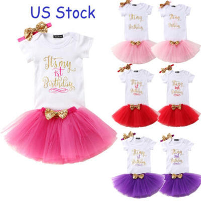 

US Stock Baby Girl Birthday Dress Rompers Tutu Skirt Headband Outfit Clothes Set