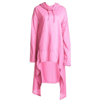 

Simple European Women Solid Pocket Irregular Drawstring Loose Long Hoodies