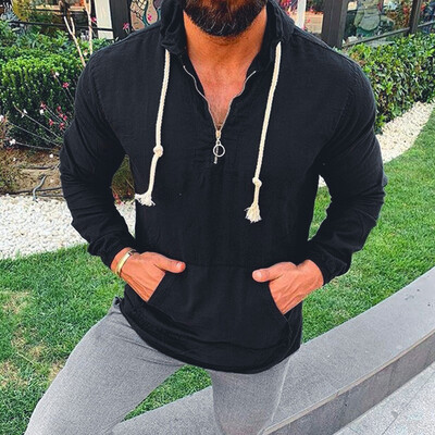 

Toponeto Mens Vintage Casual Pure Color Cotton Linen Hoodie Long Sleeve Shirts Top Blouse