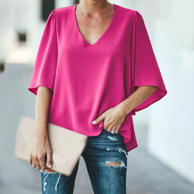 

Summer Womens Casual V-neck Bell Sleeve Loose Chiffon Blouse T-shirt Tops Plus