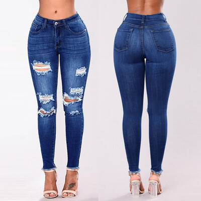 

Gobestart Fashion Womens Jeans Denim Hole Female Mid Waist Stretch Slim Sexy Pencil Pants