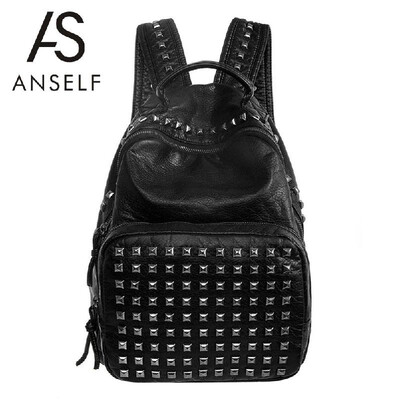 

New Fashion Women Backpack Soft PU Rivets Zipper Grab Handle Top Pockets School Travel Bag BlackGrey