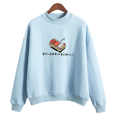

Women Turtleneck Sweatshirts Animation Sushi Print Hoodies Fleece Loose Pullover