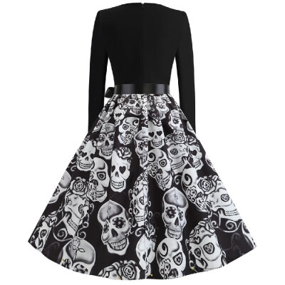 

L8072 Cross-border Halloween Womens Round Neck Long Sleeve Tweed Print Elastic Elastic Waist Black Ribbon Vintage Skirt black