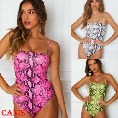 

Women Summer Beach Bikini One Piece Buckle Sling Bandage Snakeskin Swimwear Bra