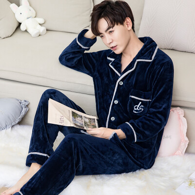 

Dings grate pajamas men&women Korean version of autumn&winter models couples flannel thickening plus velvet long-sleeved men&women warm home service suit J4889 rich blue