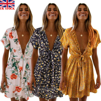 

UK Womens Summer Casual Short Sleeve Evening Party Beach Dress Short Mini Dress