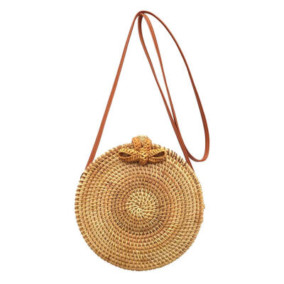 

Hand Woven Bag Women Round Butterfly Buckle Rattan Straw Beach Shoulder Bag