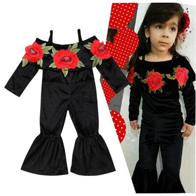 

Boutique Toddler Kids Girl Flower Velvet Flared Romper Jumpsuit Playsuit Outfit