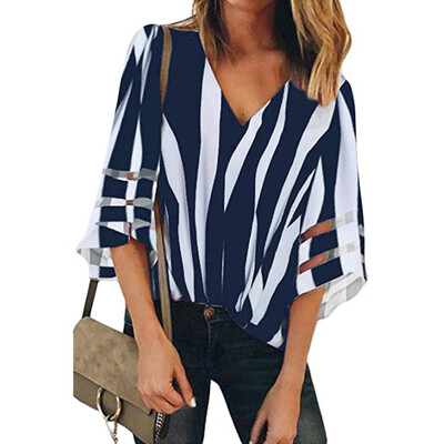 

Starmoon Womens Lady Stripe Splice V Neck Lace Patchwork Blouse Casual Loose Shirt Tops