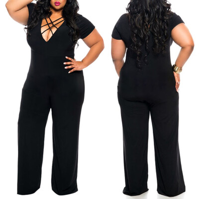 

Starmoon Womens Plus Size V-neck Short Sleeve Sexy Cross Strap Straight Jumpsuit