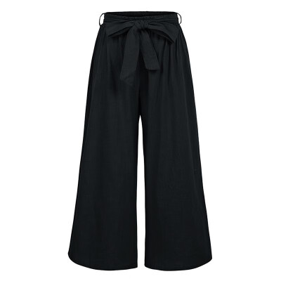 

New Women Summer Casual Loose Wide Leg Pants Elastic Waist Trousers Cotton Long Pants BlackBrownDark Green