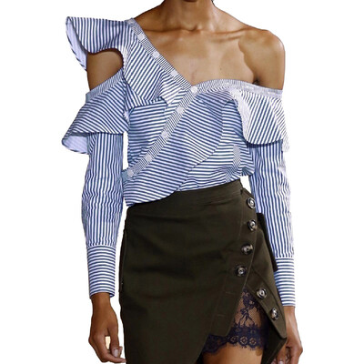 

One Shoulder Off Ruffles Shirt Spring Summer Women Tops Casual Blue Striped Shirt Long Sleeve Cool Street Wear