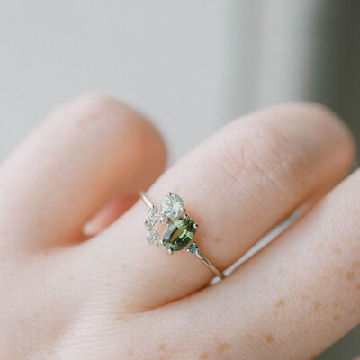 

Silver Nature Style Leaves Green Finger Rings Pure Ring For Women